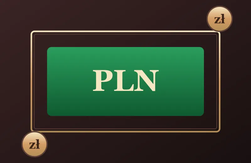 Zielona tablica z napisem PLN w złotej ramie – płatności BV